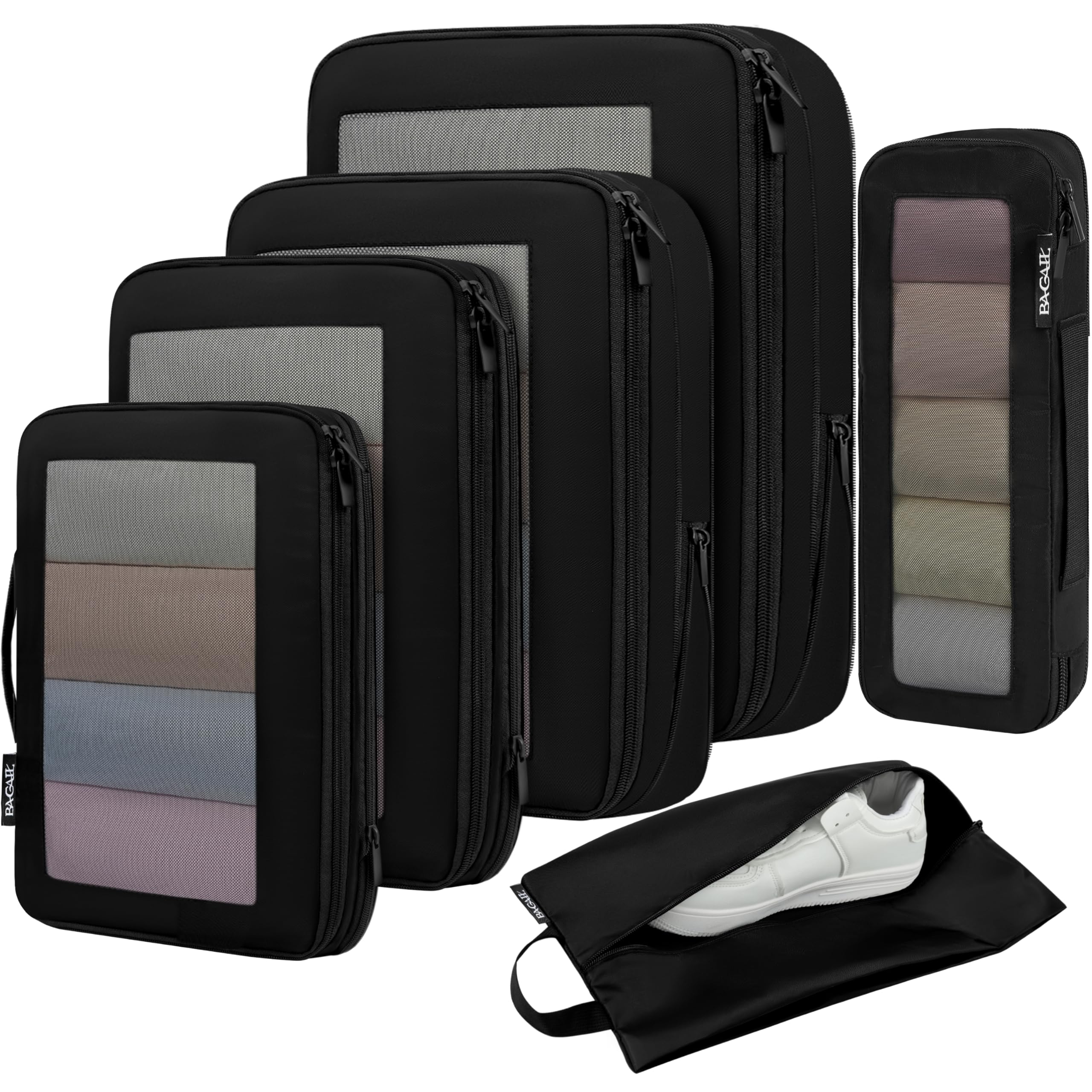 BAGAIL 4 Set/6 Set/8 Set Compression Packing Cubes Travel Accessories Expandable Packing Organizers (Half Mesh, 6-Black)